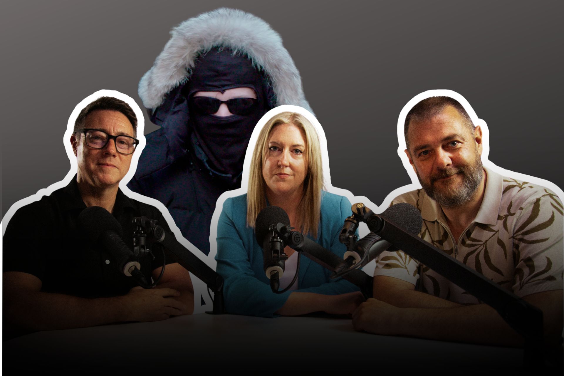 Mike Haley, Kate Hemingway, Tony Sales and a masked guest at the Financial Crimes podcast table